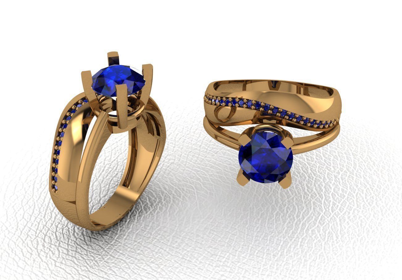 Rings sapphire and diamond engagement ring set gold 3D print model_1