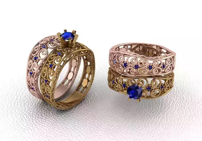 Twins gold and sapphire filigree wedding ring set