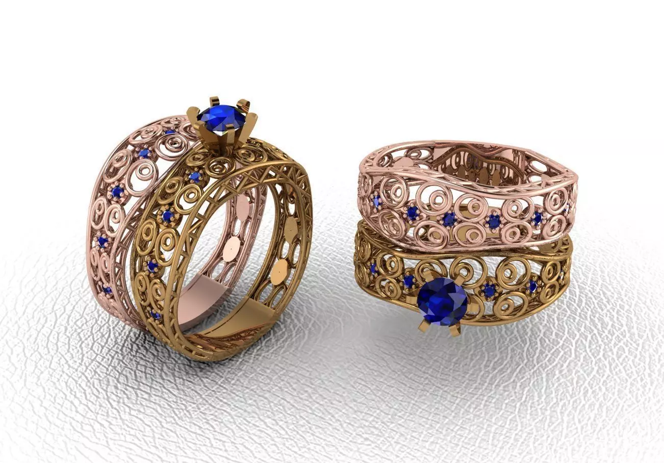 Twins gold and sapphire filigree wedding ring set 3D print model_0
