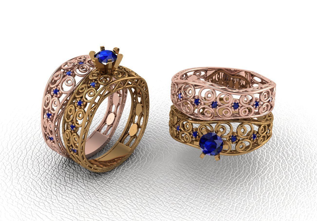 Twins gold and sapphire filigree wedding ring set 3D print model_12