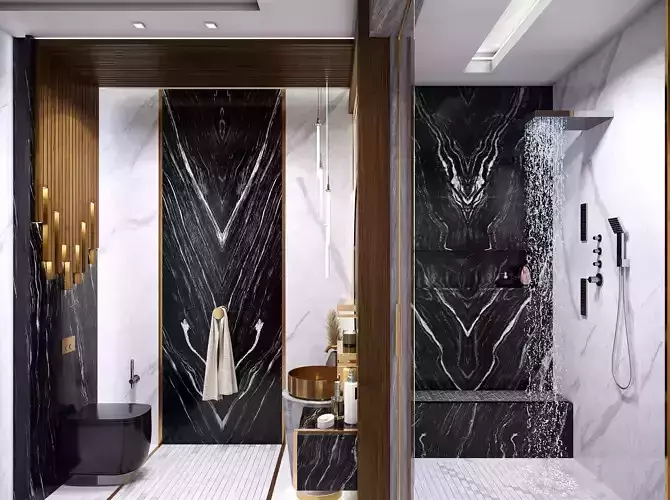 Bathroom 1 with marble and gold accents