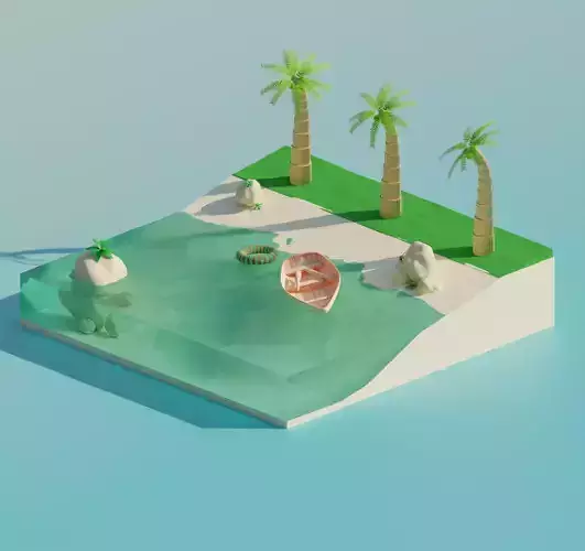 Beach island with palm trees and boat