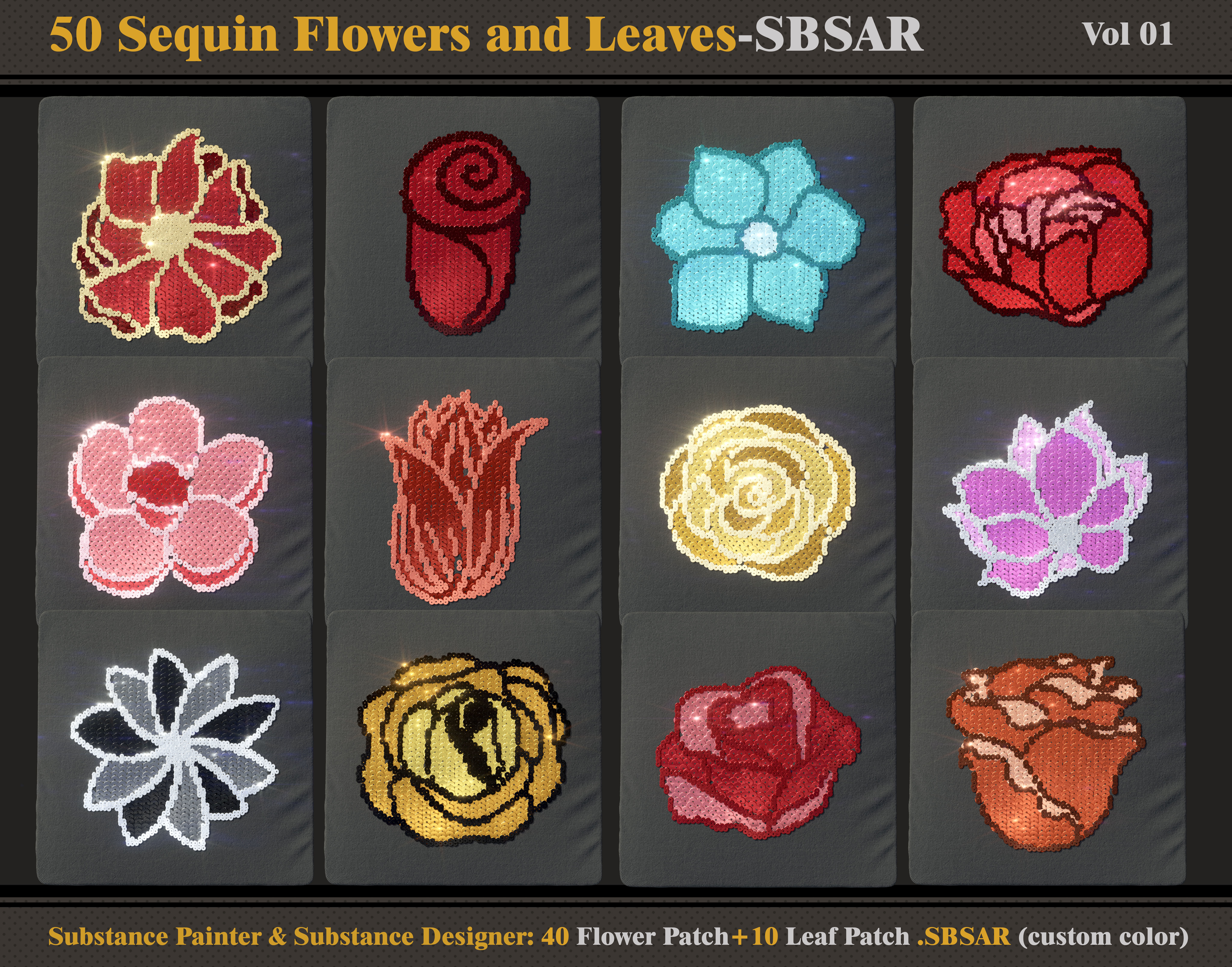 50 Sequin Flowers and Leaves SBSAR 3D model_1