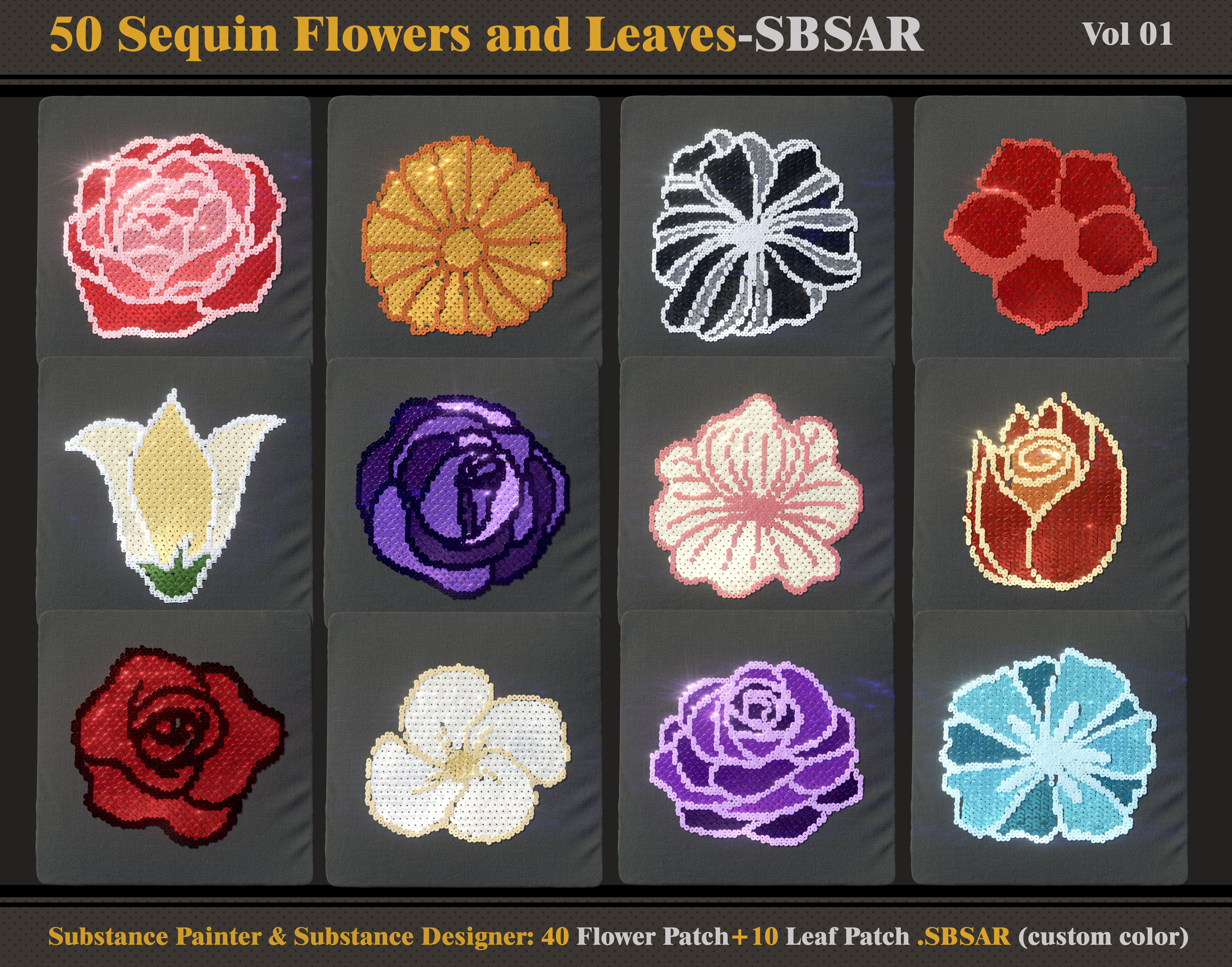 50 Sequin Flowers and Leaves SBSAR 3D model_3