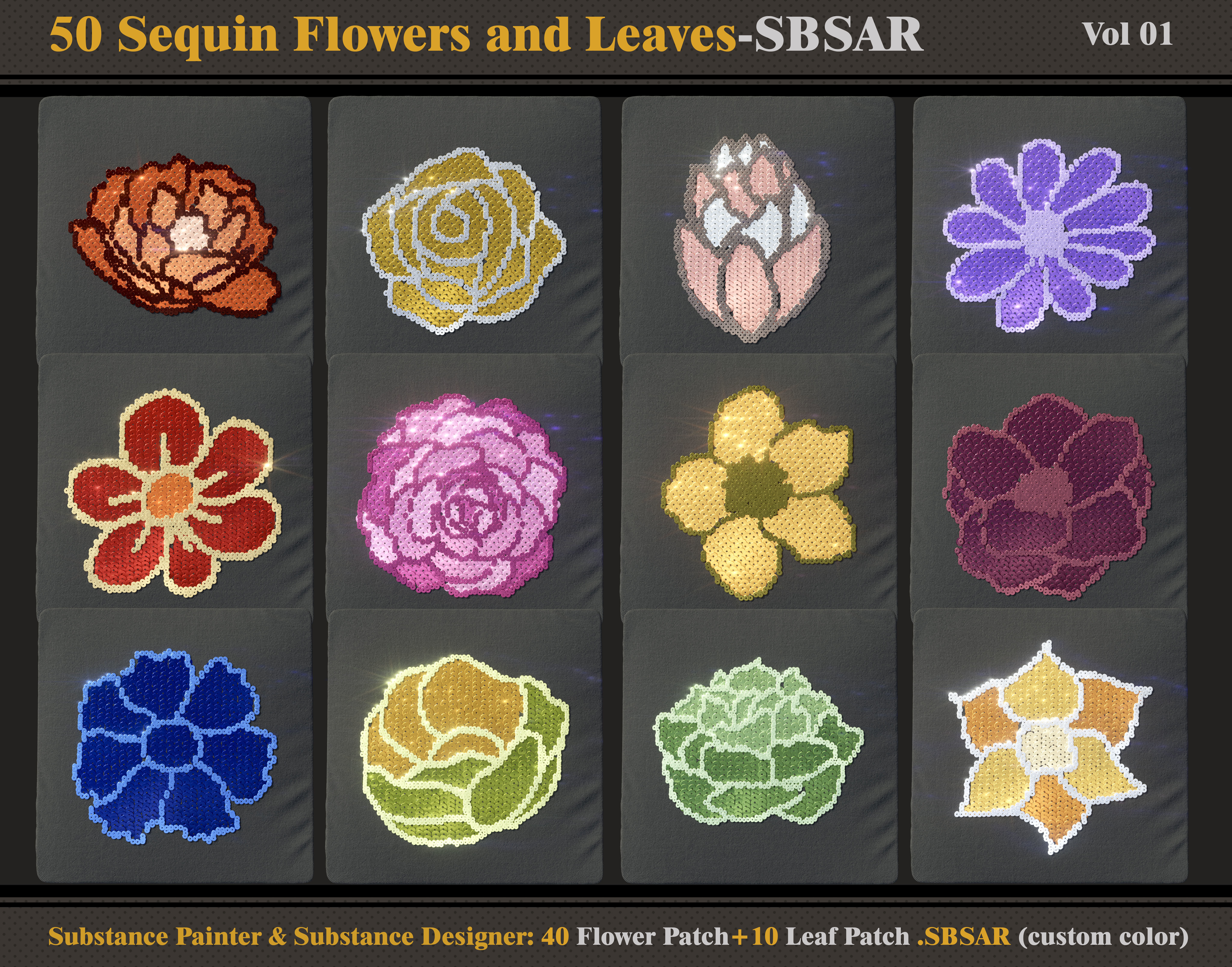 50 Sequin Flowers and Leaves SBSAR 3D model_2