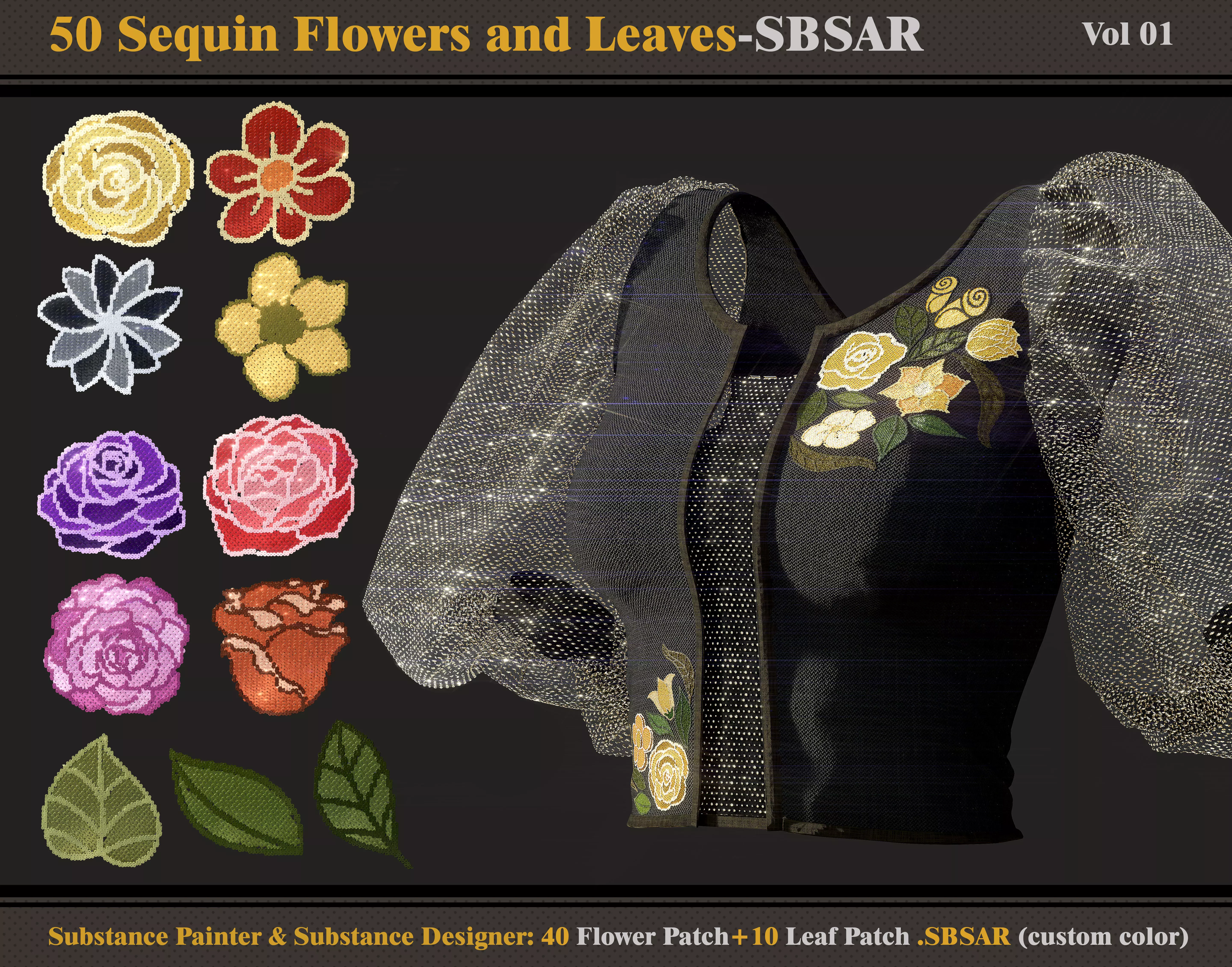 50 Sequin Flowers and Leaves SBSAR 3D model_0