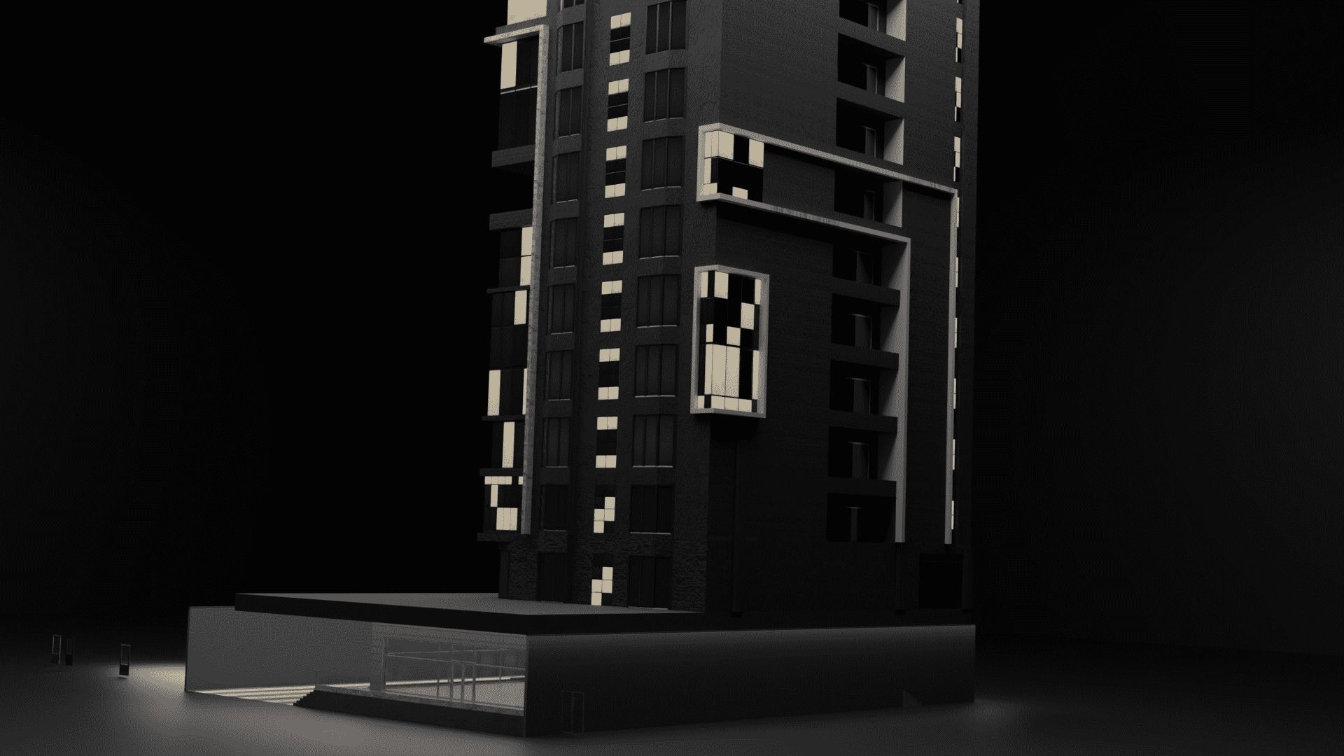 Monochrome Hotel Exterior Free low-poly 3D model_2