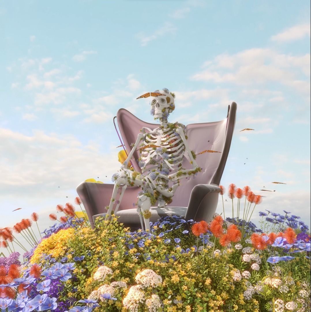 A skeleton sits on a chair in a field of flowers 3D model_1