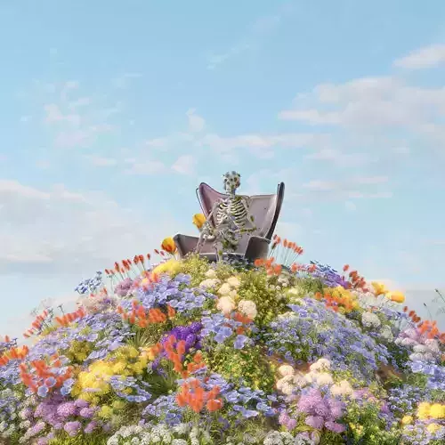 A skeleton sits on a chair in a field of flowers