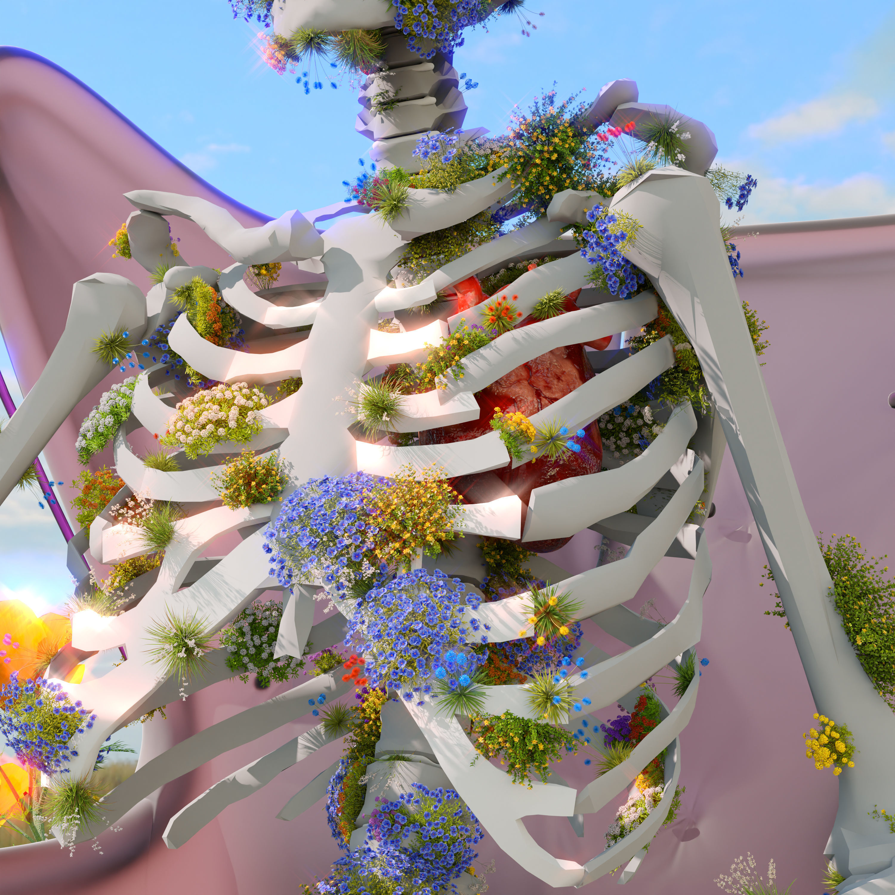 A skeleton sits on a chair in a field of flowers 3D model_2