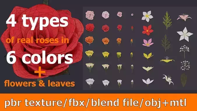 3D Flowers GAME READY types Low-poly 3D model
