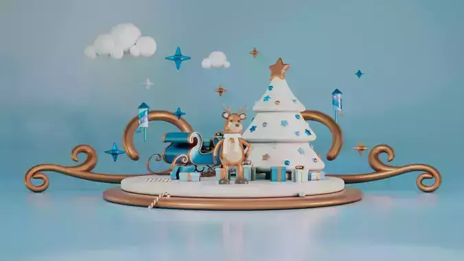 Cartoon Christmas scene  Christmas elk sleigh