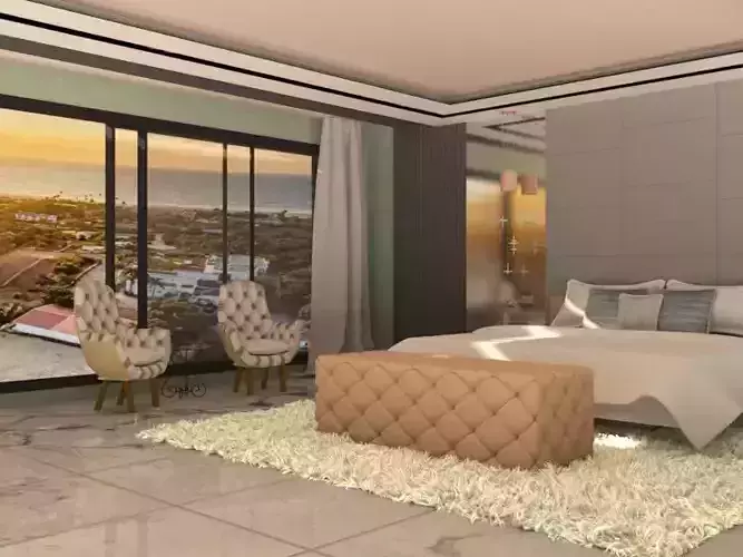 bedroom 3d model with ocean
