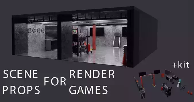 Pitlane garage Workshop warehouse gameready kit scene for render Low-poly 3D model