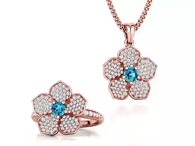 5 petals Flower Diamond Ring and Pendant 3dprint models