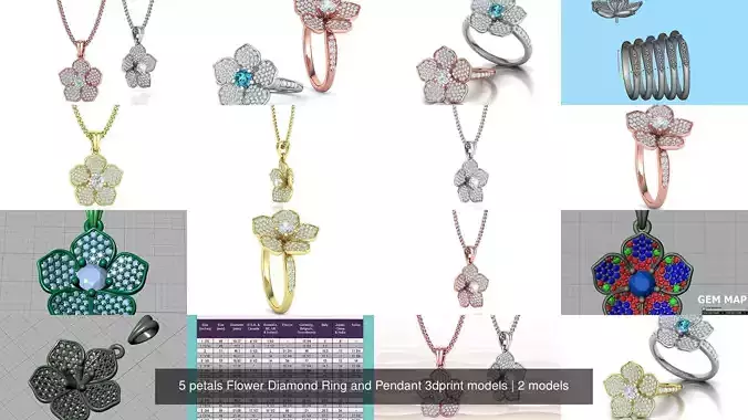 5 petals Flower Diamond Ring and Pendant 3dprint models