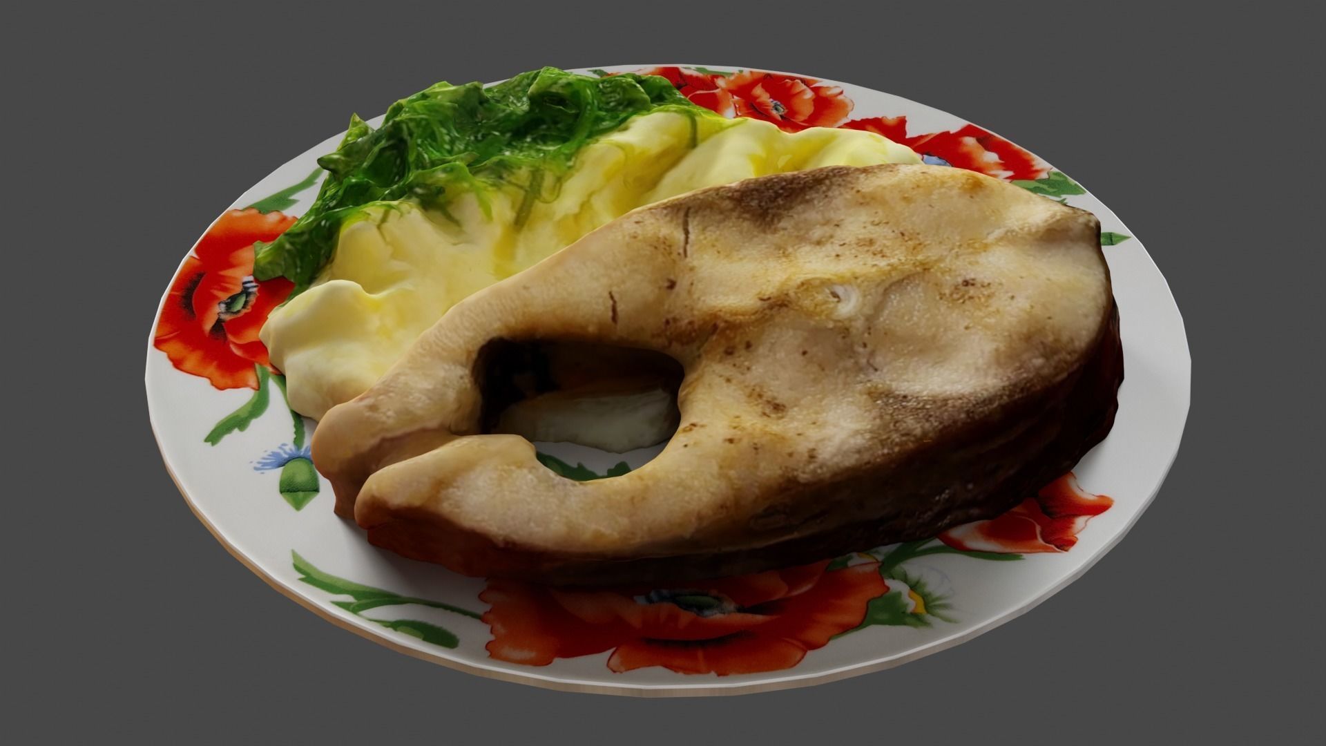 Fried Fish with Creamy Mashed Potatoes and Chukka Weed 3D model_2