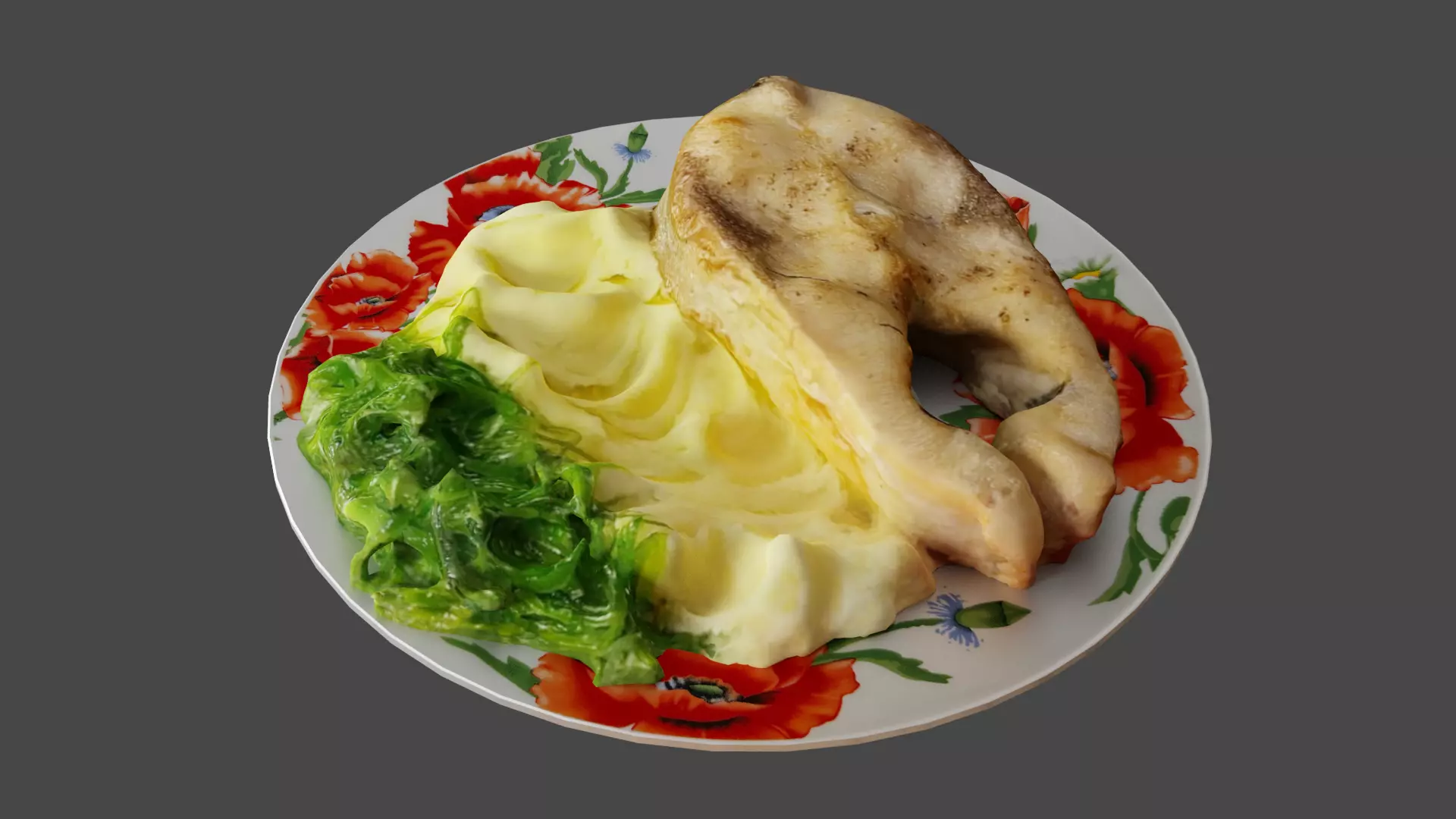 Fried Fish with Creamy Mashed Potatoes and Chukka Weed 3D model_0