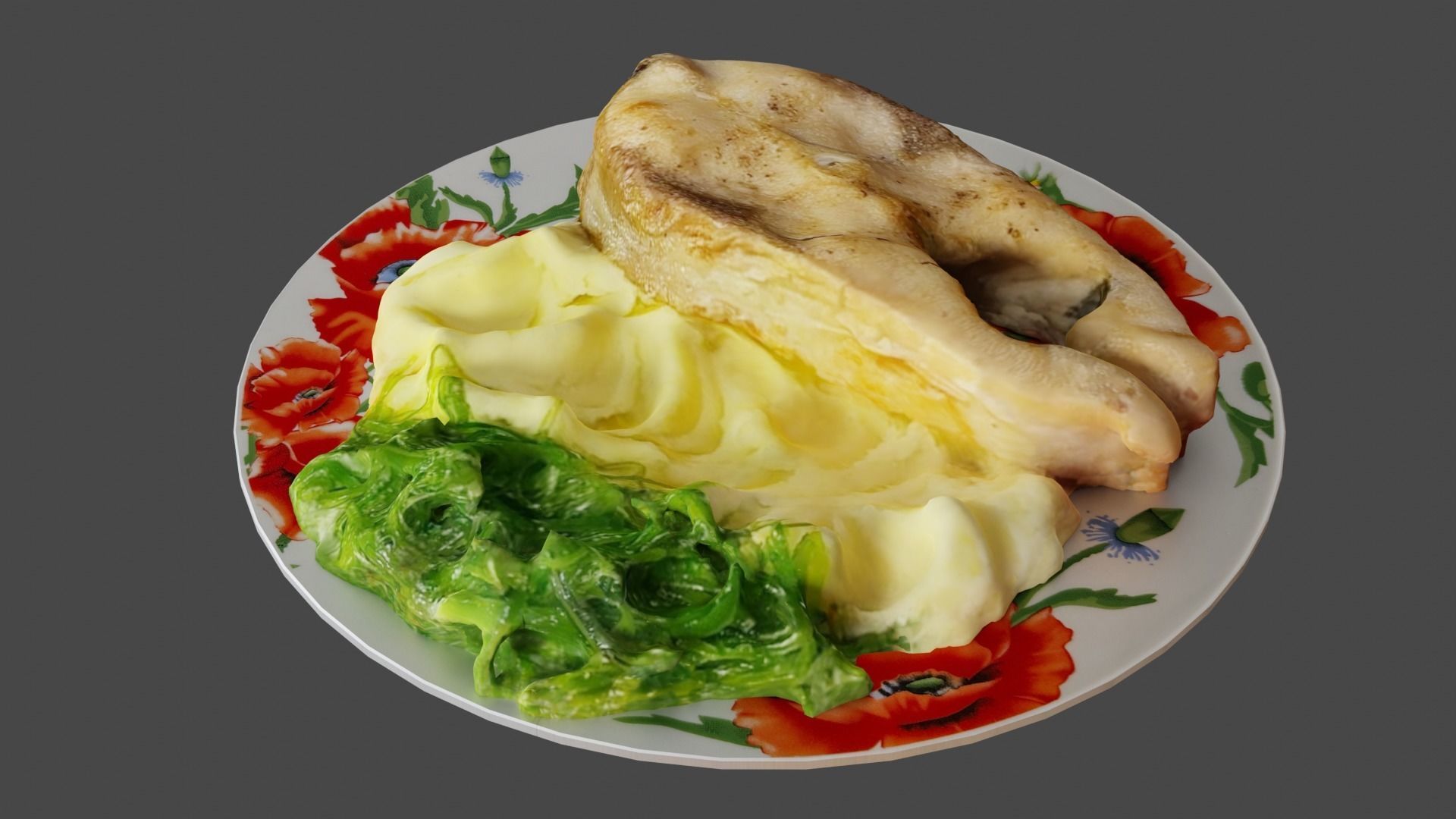 Fried Fish with Creamy Mashed Potatoes and Chukka Weed 3D model_1