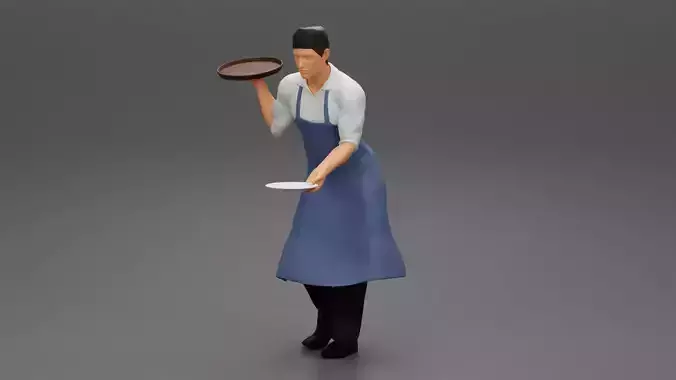 The waiter places the tray on the table and carrying another