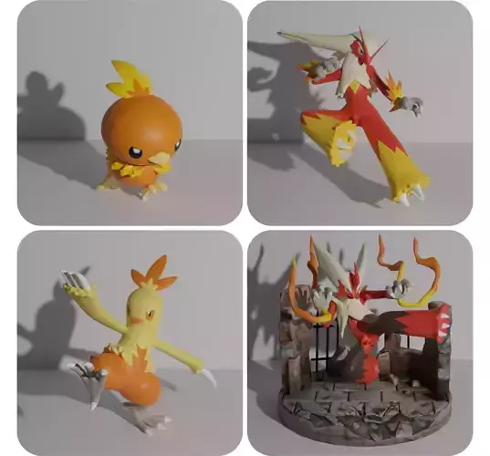 Torchic Combusken Blaziken and mega Blaziken 3D print model 3D print model