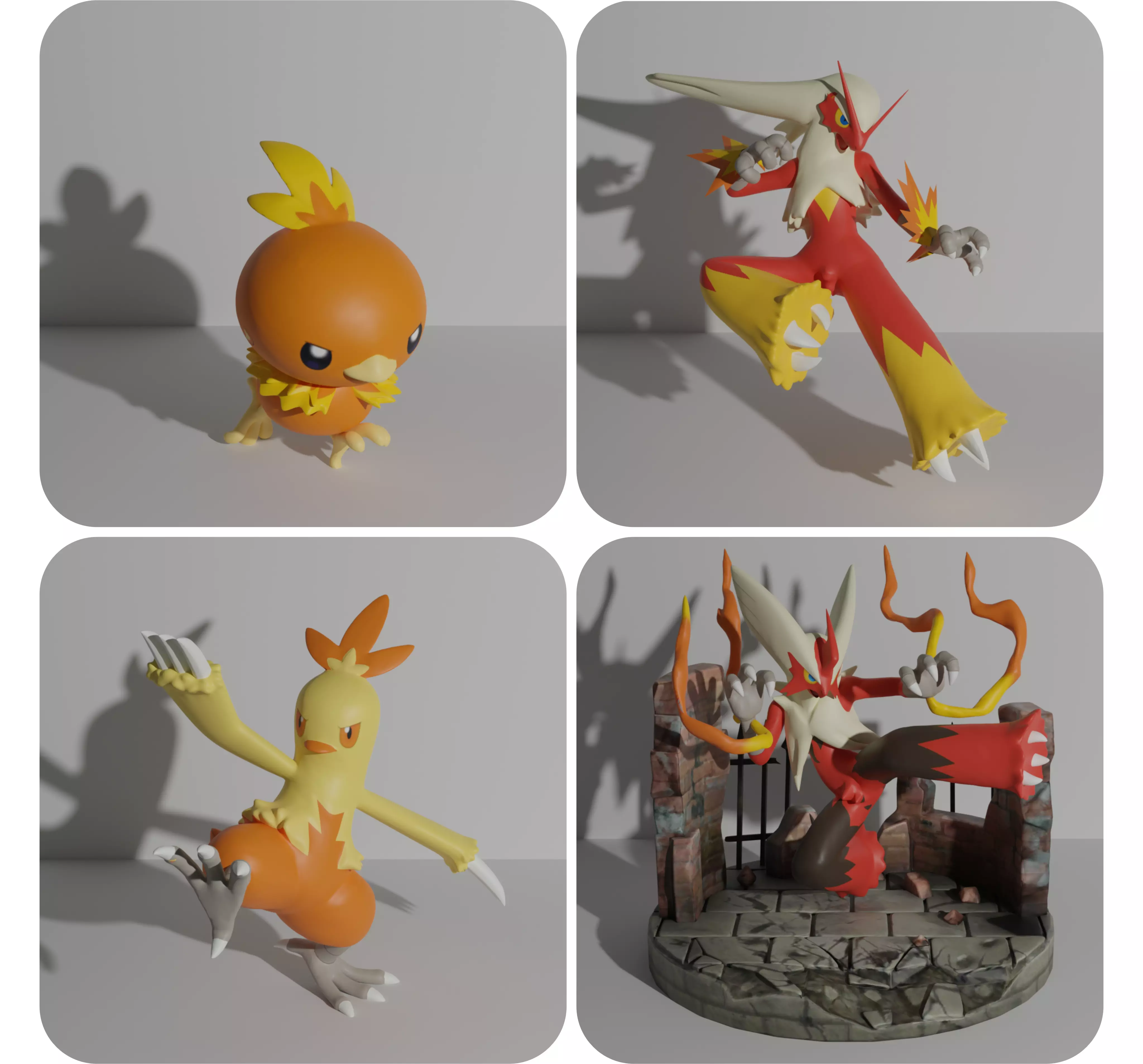 Torchic Combusken Blaziken and mega Blaziken 3D print model 3D print model_0