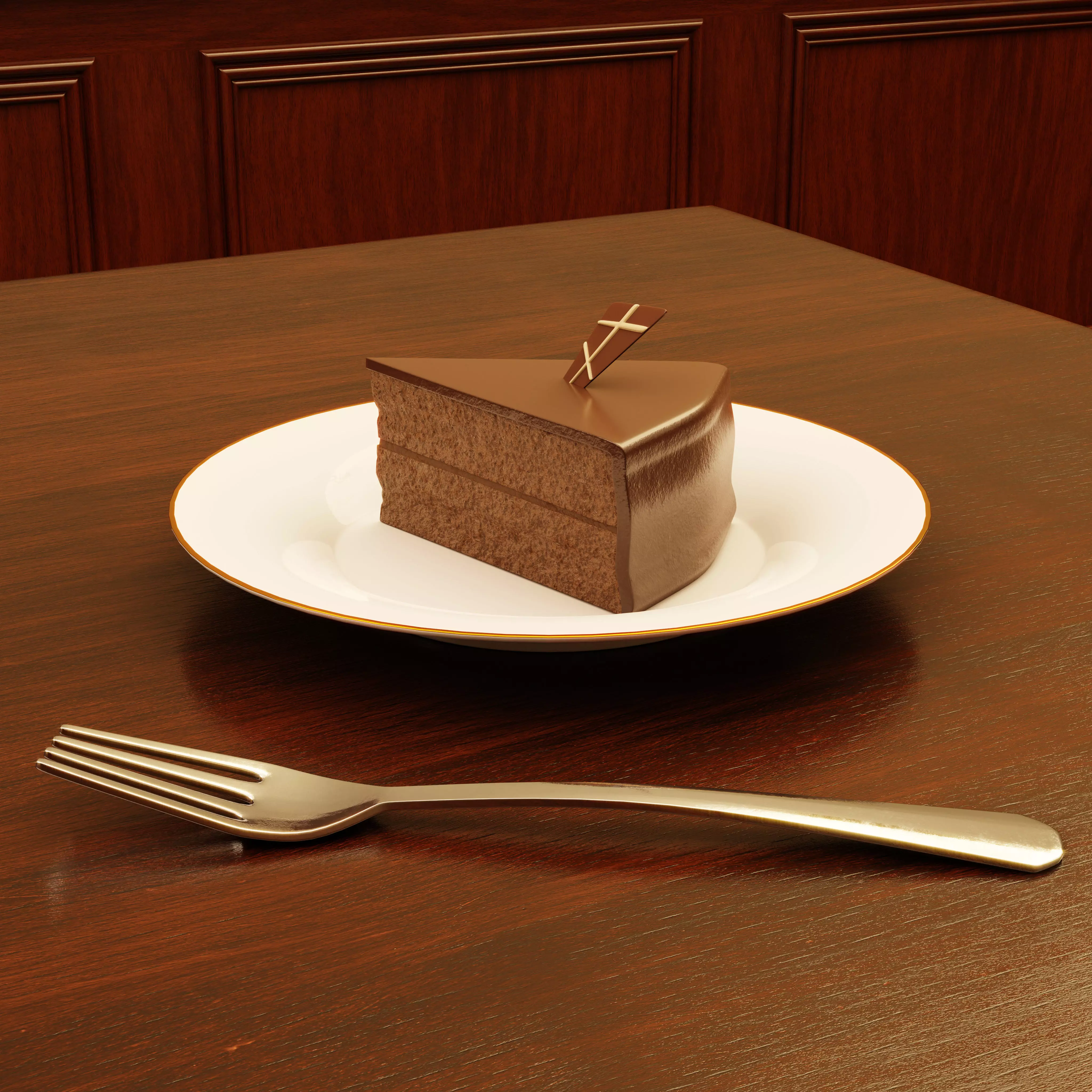Chocolate Cake with Plate and Fork Free 3D model_0