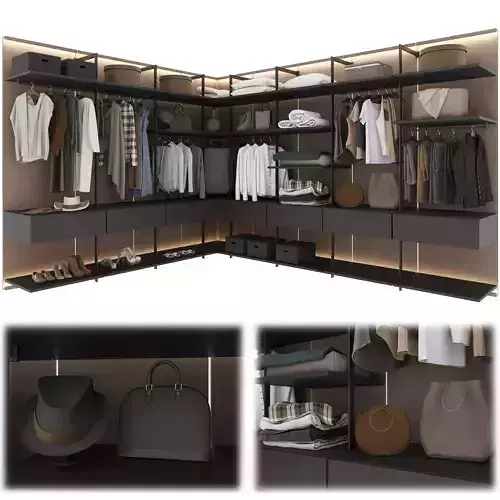 Wardrobe closet with clothes on shelves