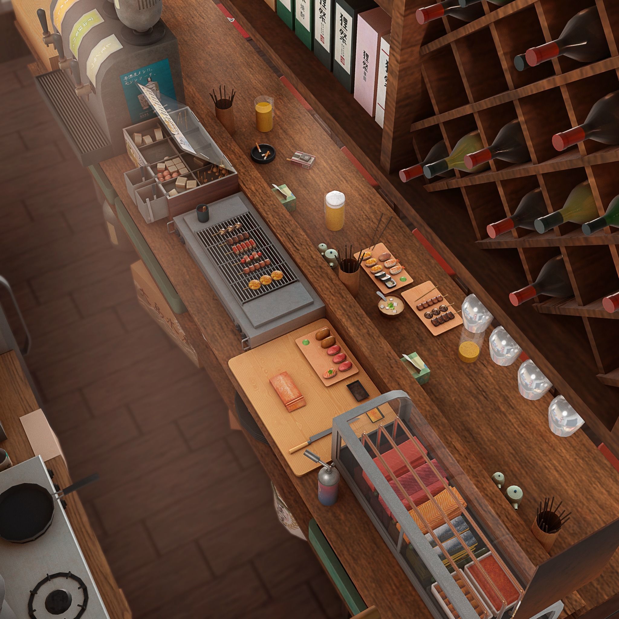 Izakaya asian style shop on side of street Low-poly 3D model_7