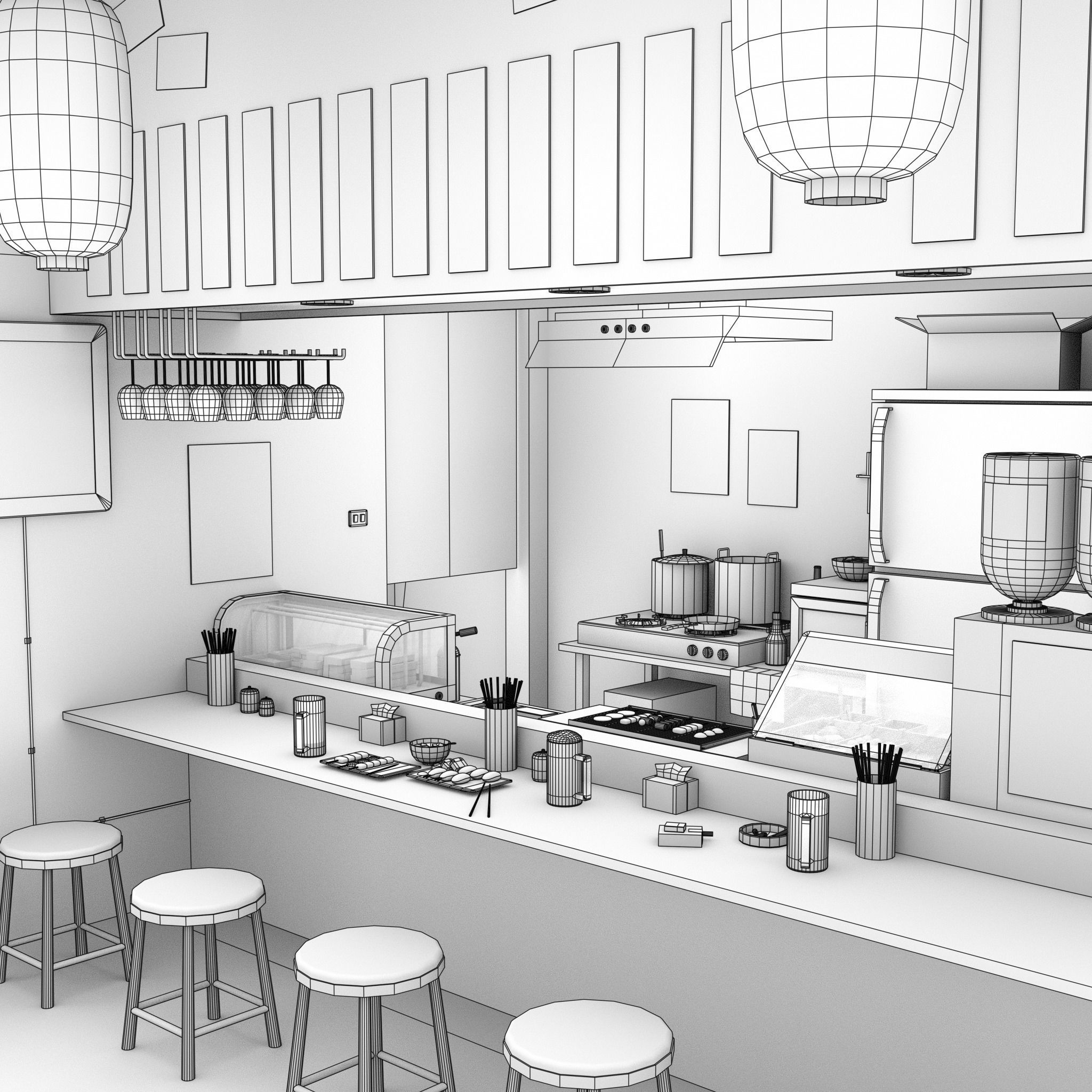 Izakaya asian style shop on side of street Low-poly 3D model_19