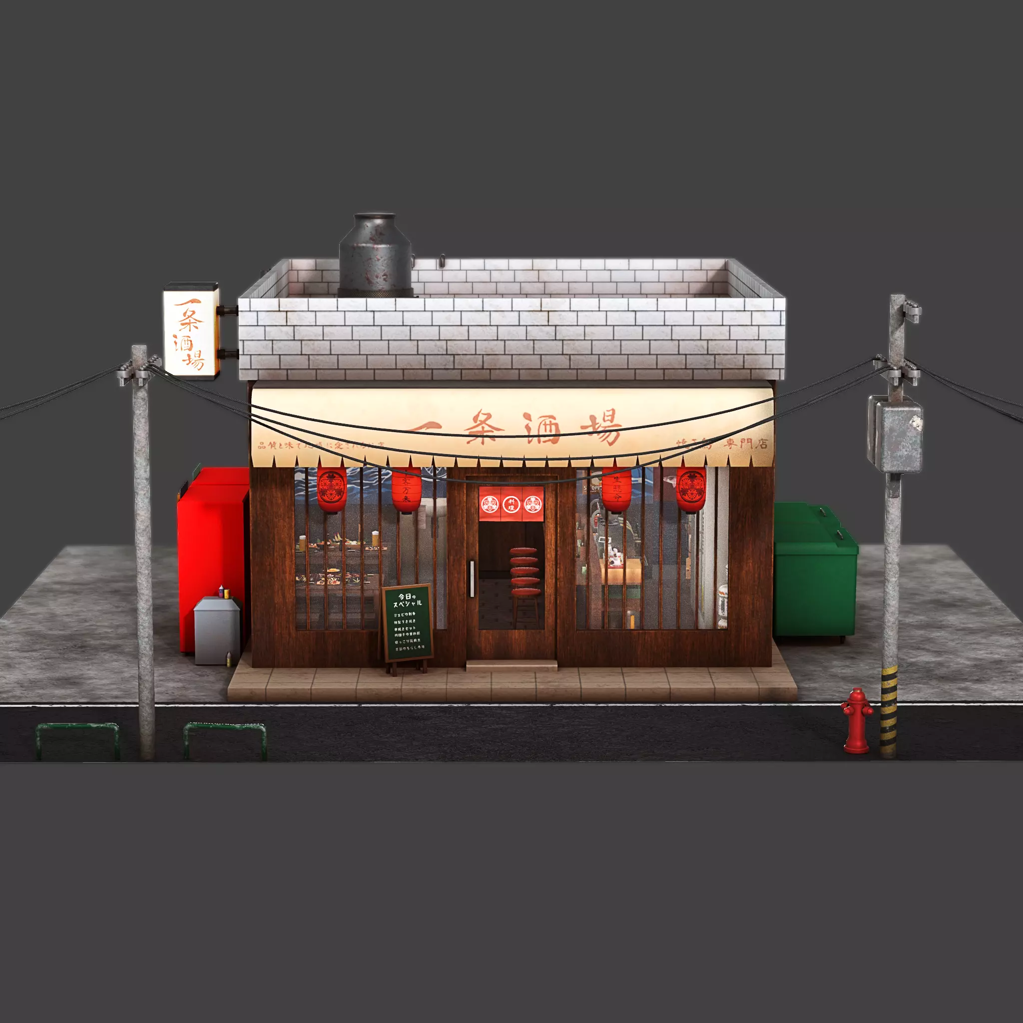 Izakaya asian style shop on side of street Low-poly 3D model_0