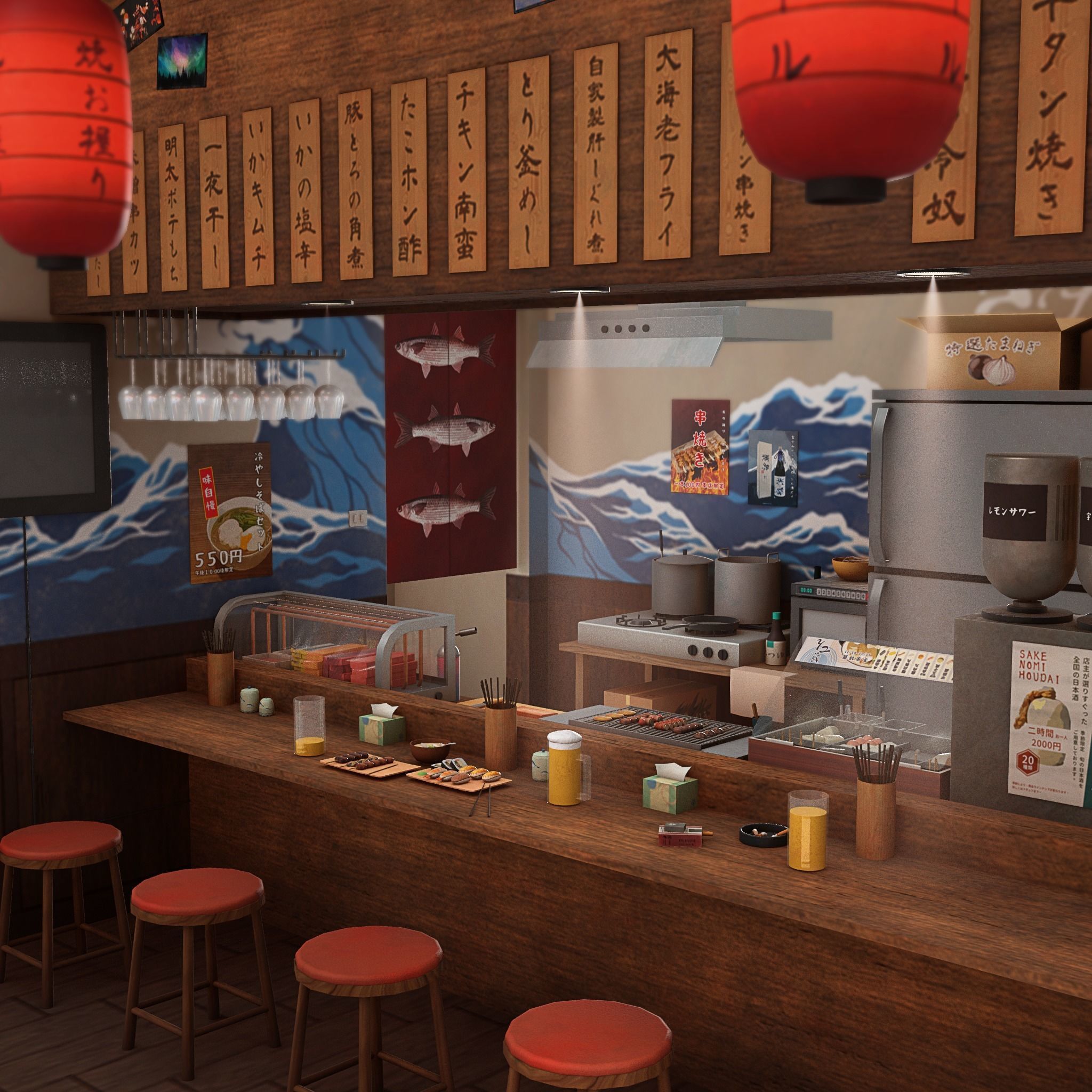 Izakaya asian style shop on side of street Low-poly 3D model_8