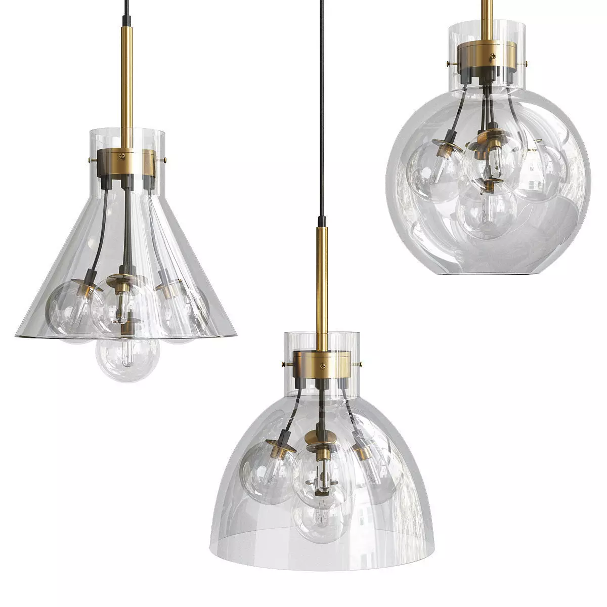 VAPPE three pendant lights with brass and clear glass Low-poly 3D model_0