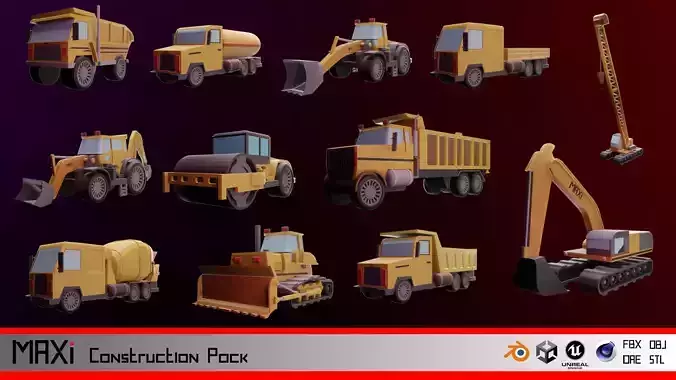 LowPoly Construction Vehicle Pack Low-poly 3D model