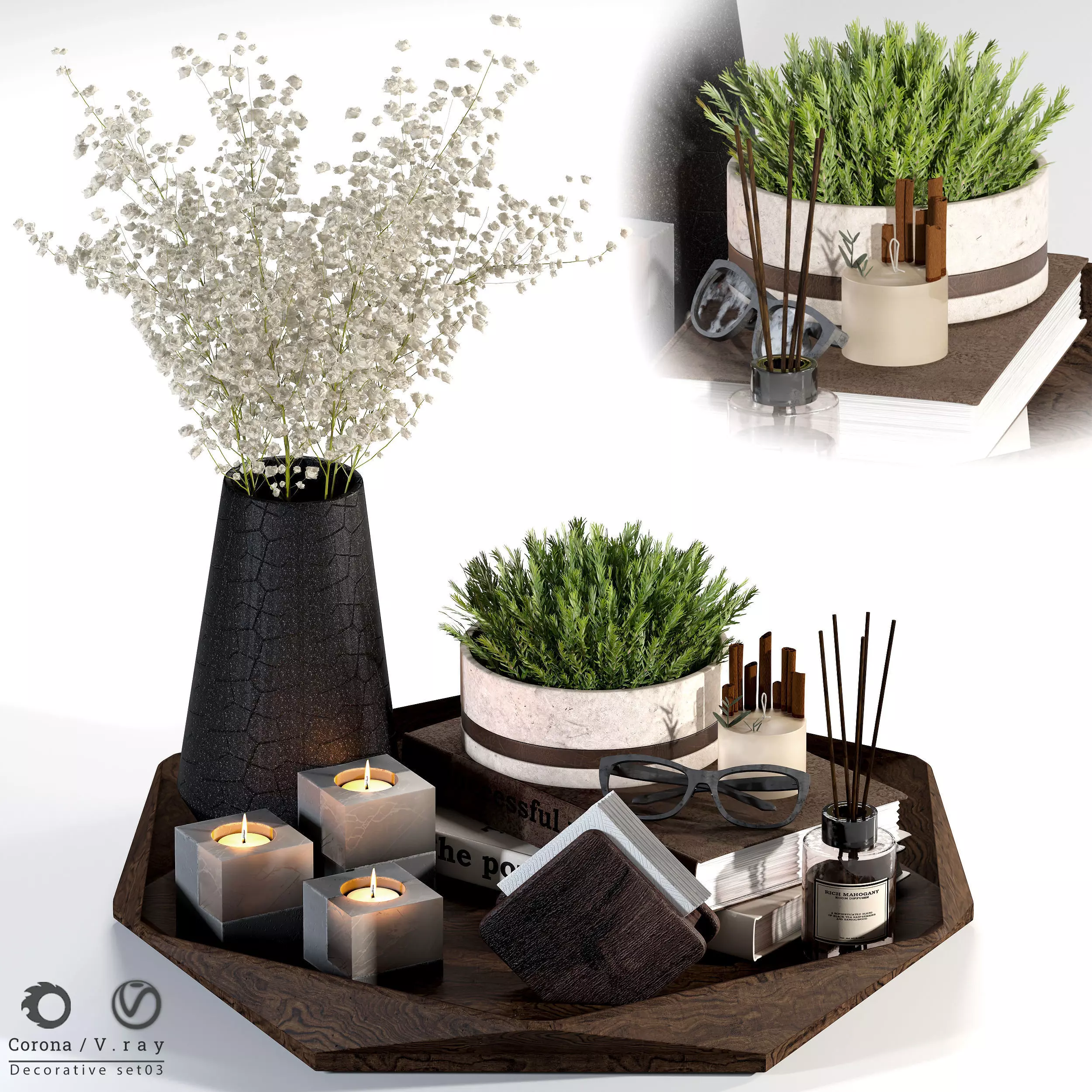 Decorative-set-03 wooden tray with plants and candles 3D model_0