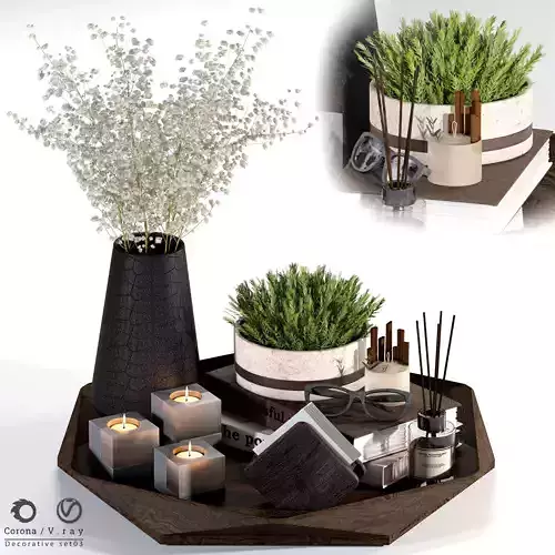Decorative-set-03 wooden tray with plants and candles 3D model