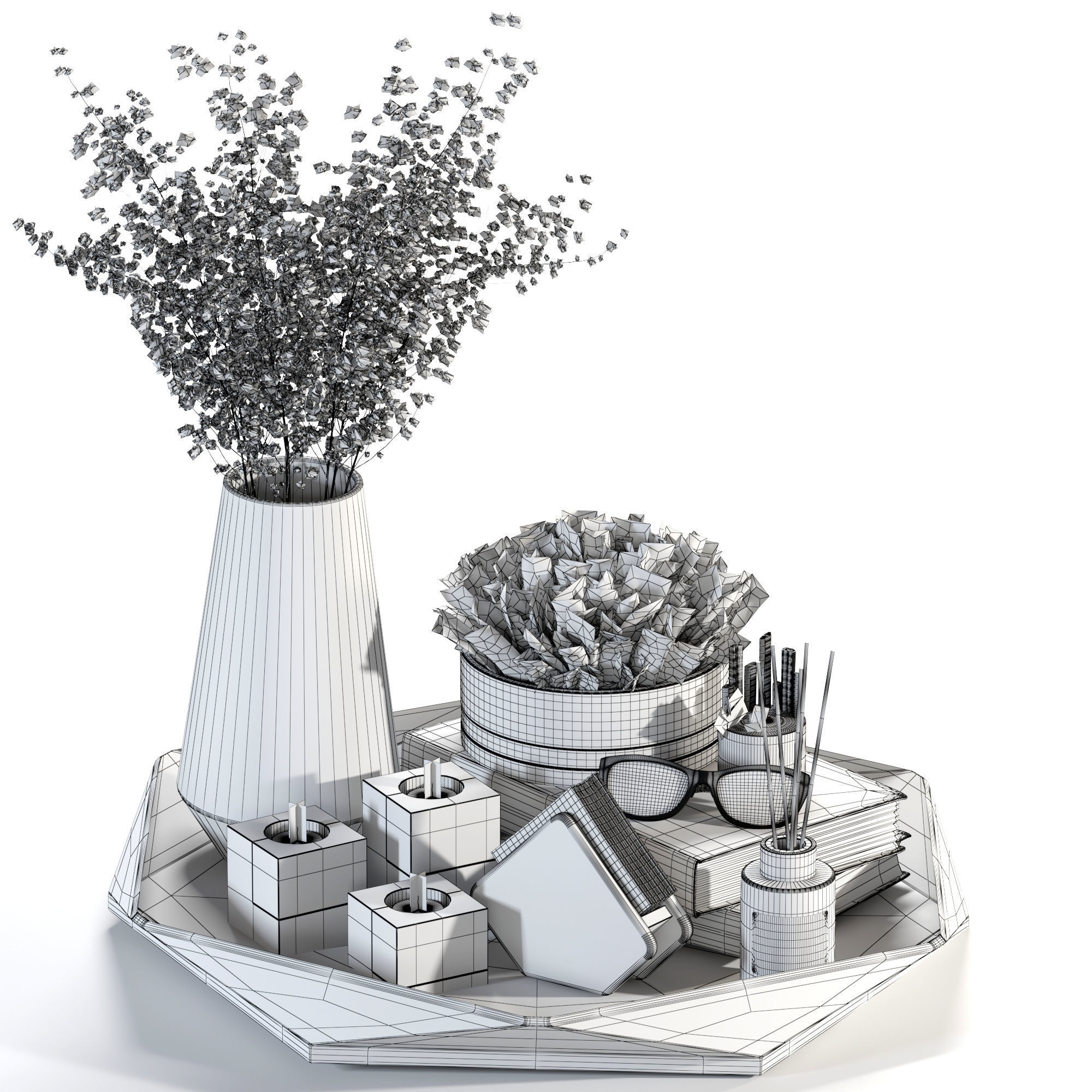 Decorative-set-03 wooden tray with plants and candles 3D model_3