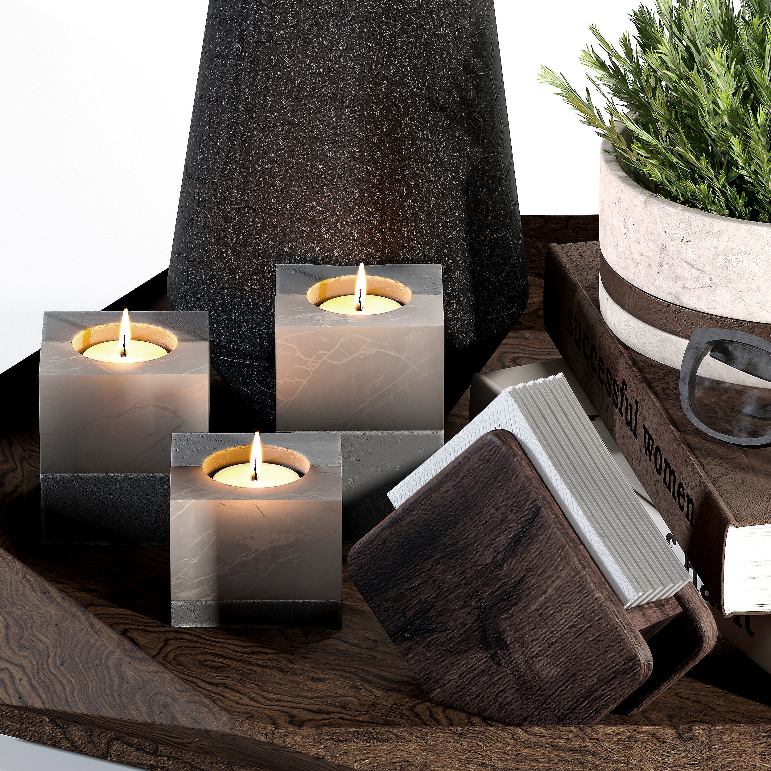 Decorative-set-03 wooden tray with plants and candles 3D model_2