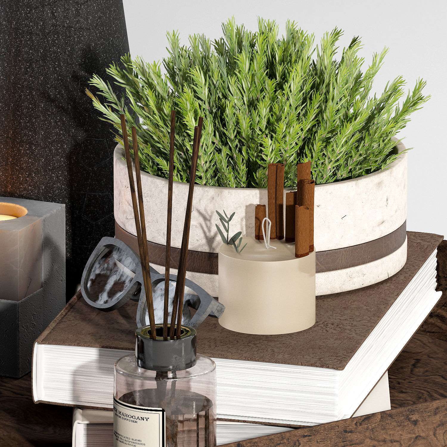 Decorative-set-03 wooden tray with plants and candles 3D model_1