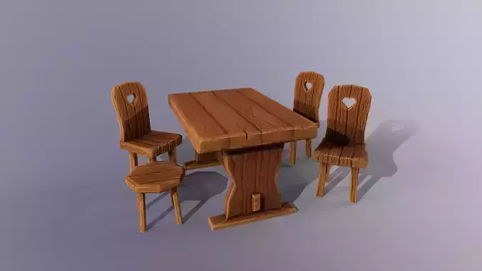 Stylized Medieval Tavern Table and Chairs Lowpoly Game Asset Low-poly 3D model