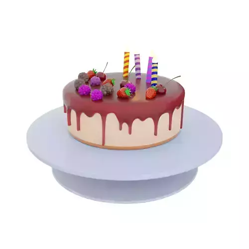 3d  cake with fruit glaze and berries with candles icon