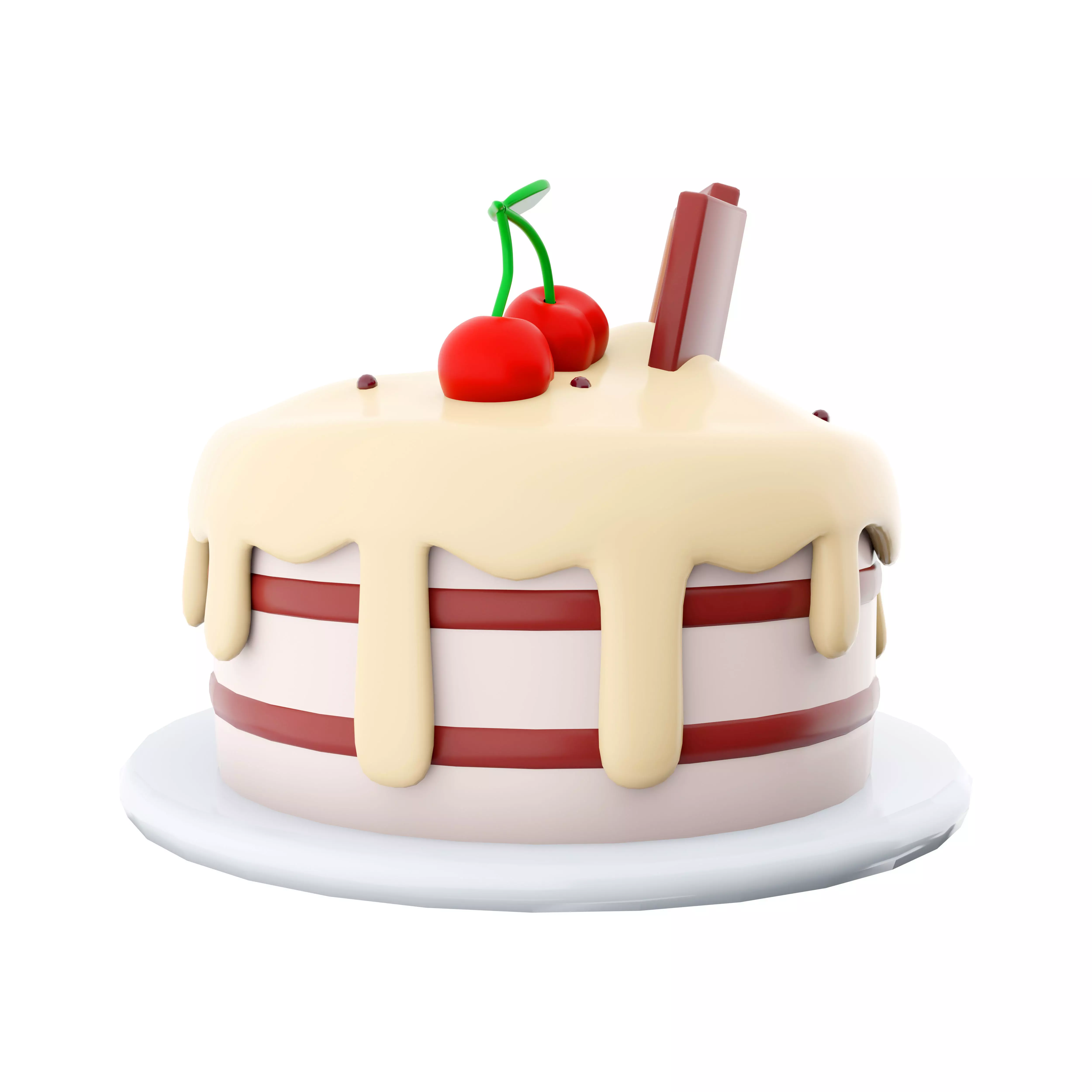 3d cake with a chocolate bar and cherries on top icon 3D model_0