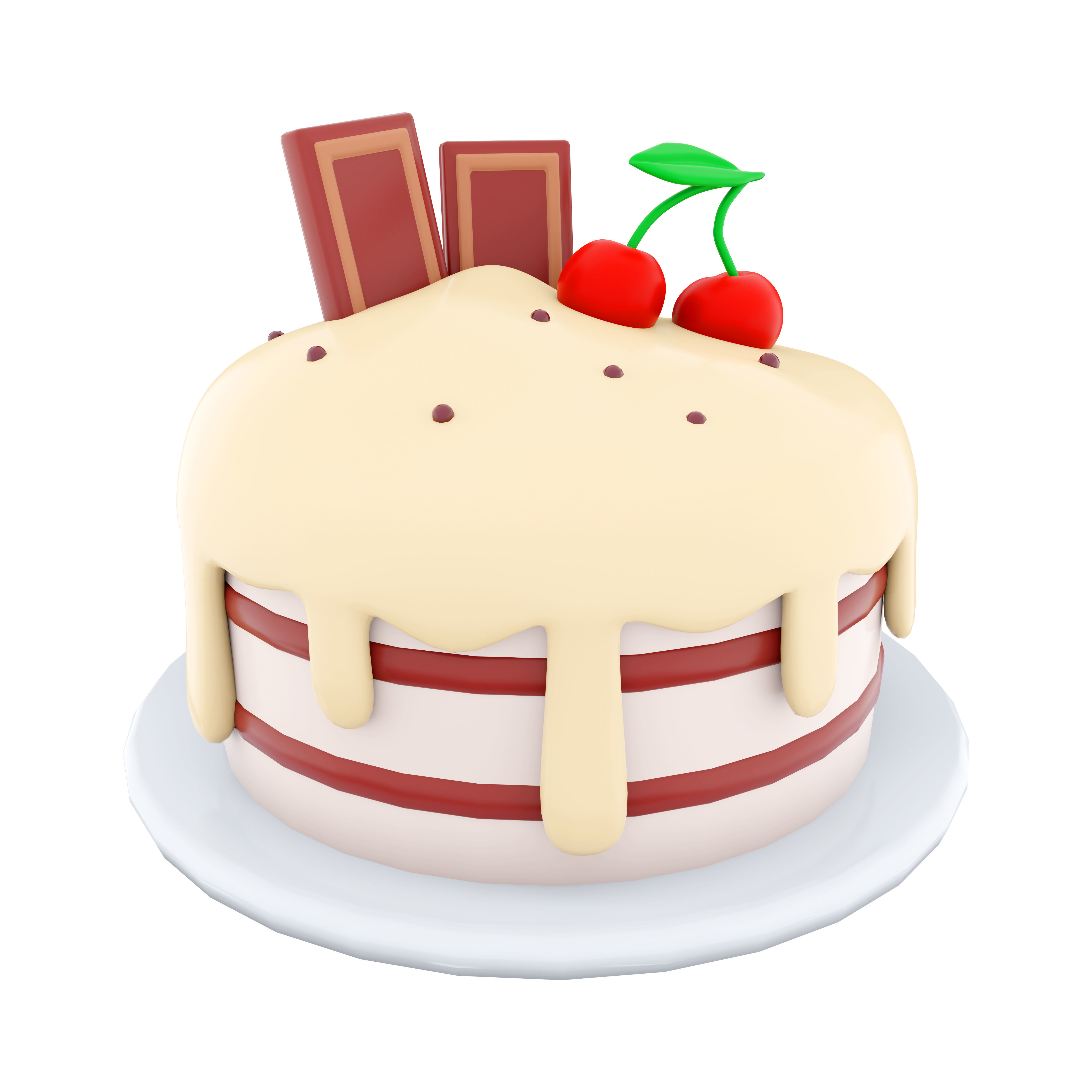 3d cake with a chocolate bar and cherries on top icon 3D model_4