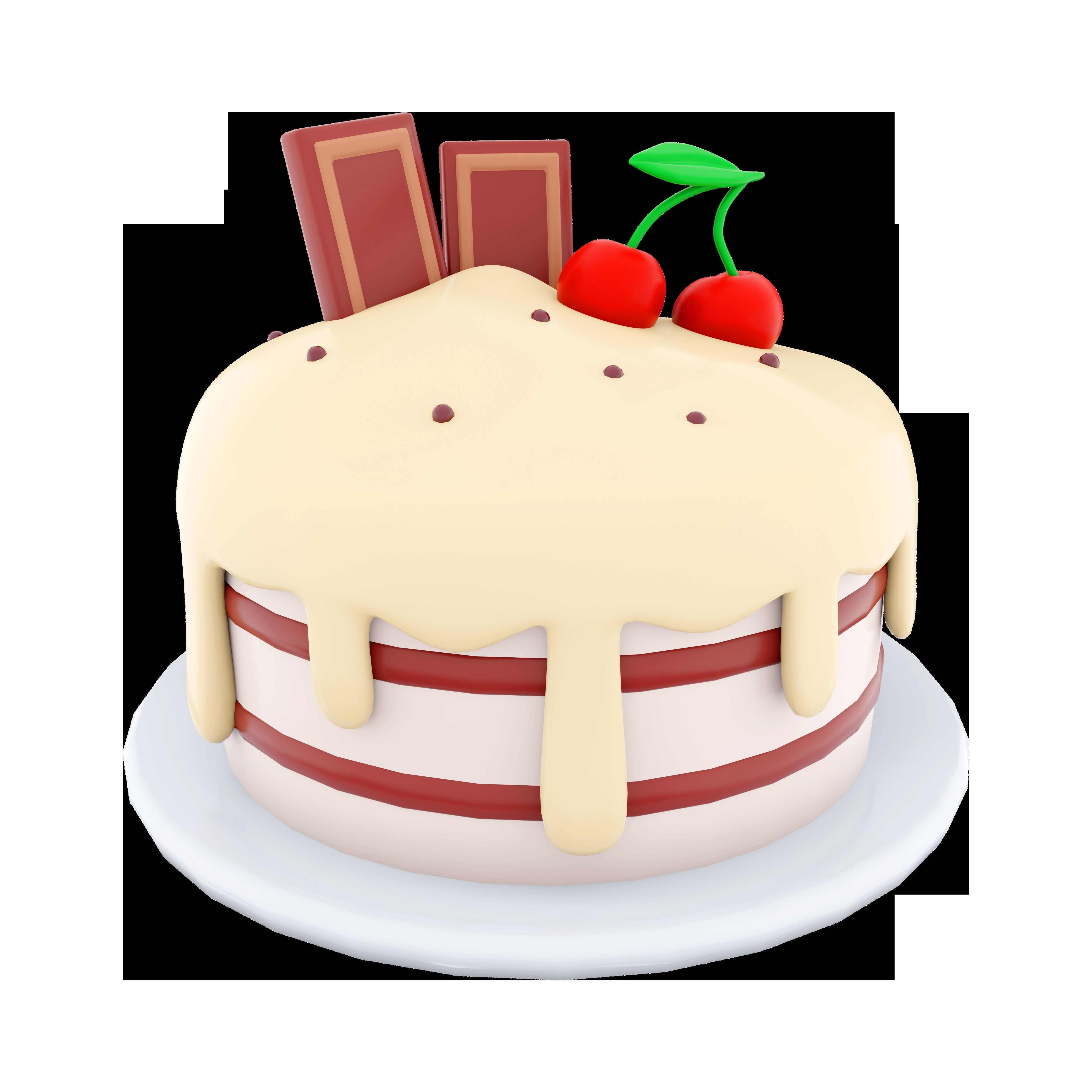 3d cake with a chocolate bar and cherries on top icon 3D model_1
