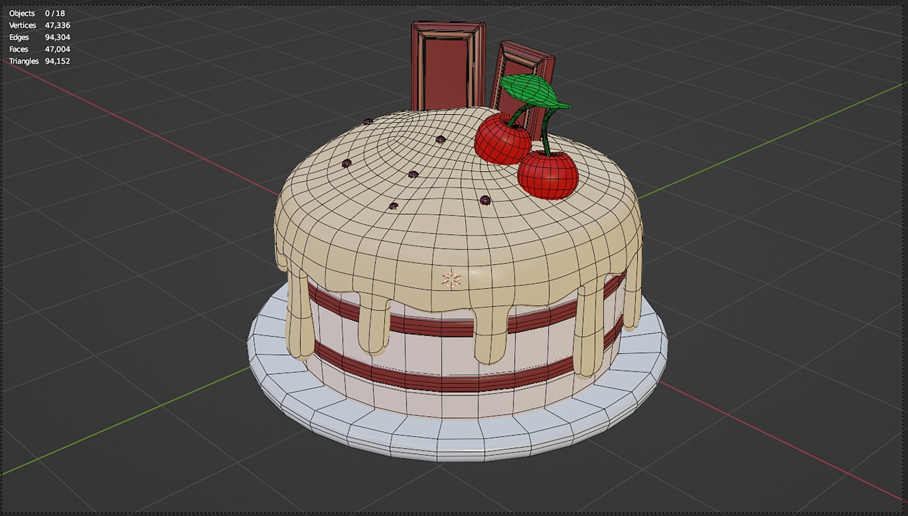 3d cake with a chocolate bar and cherries on top icon 3D model_5