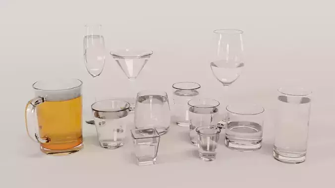Set of glasses with and without liquid beer mug