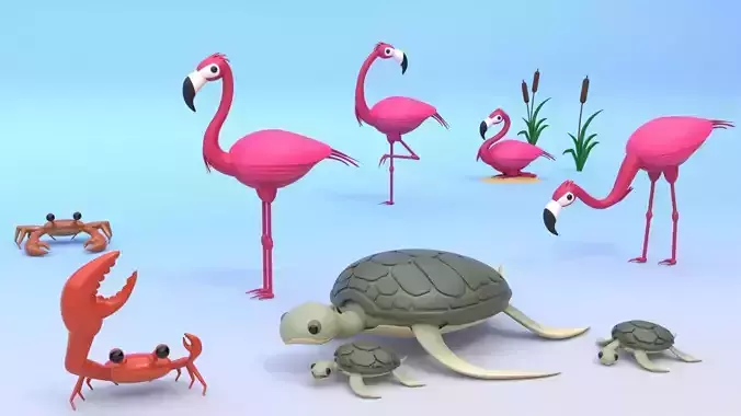 Crabs - Flamingos and Turtles - Reed Plants Low-poly 3D model