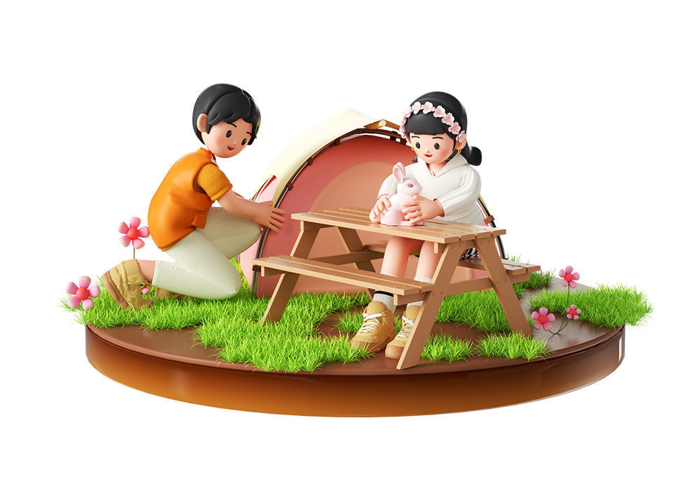 Spring outing outdoor camping figures 3D model_4