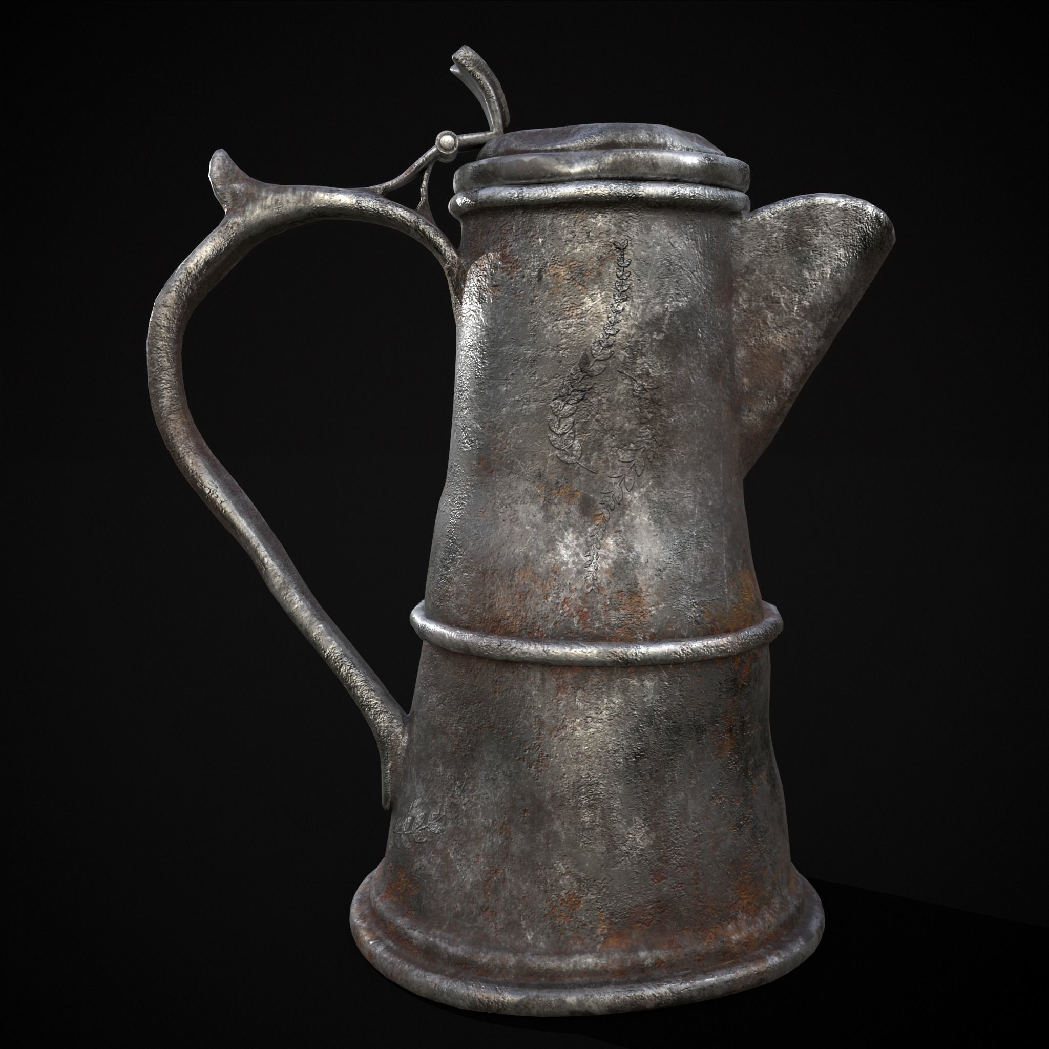Worn Decorated Pewter Flagon Low-poly 3D model_3
