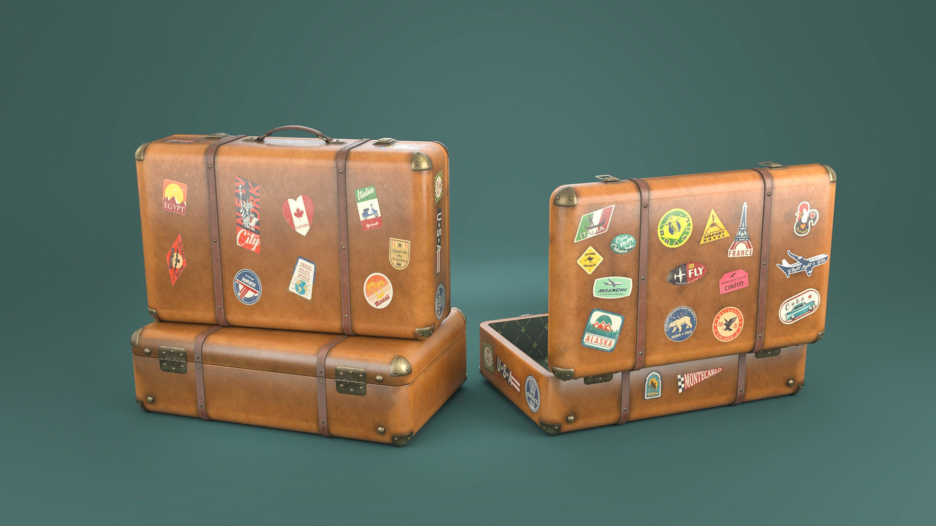 Vintage travelling suitcases lowpoly Low-poly 3D model_2
